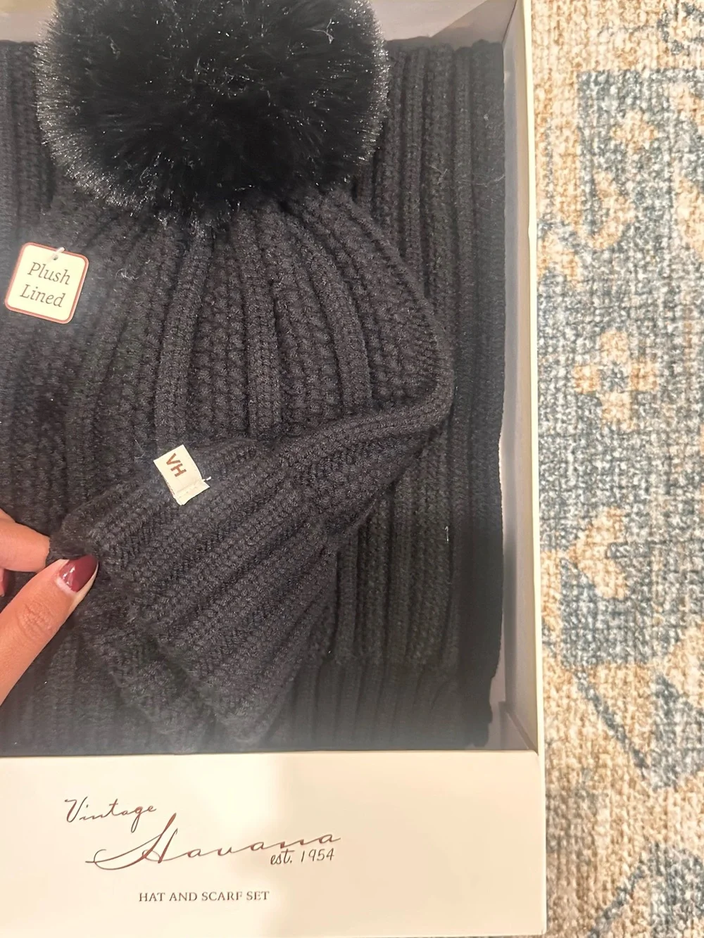 Vintage Havana Black Ribbed Knit Hat & Scarf Set with Faux Fur Pom